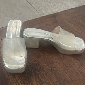 Y2K Play Glitter Clear jelly Chunky Heel Platform Mules Sandals Women's Size 10